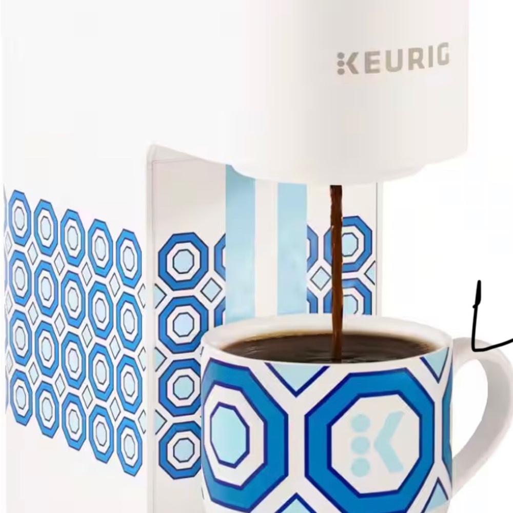Jonathan Adler White Keurig Coffee Maker with Blue Geometric Pattern